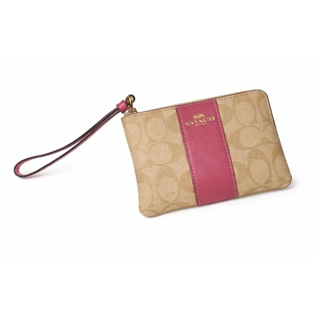 Coach Corner Zip Wristlet in Tan Raspberry Signature Canvas, SOLD OUT - Picture 1 of 5